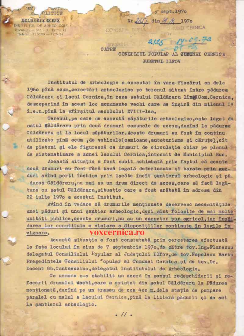 Adresa catre Consiliul Popular al Comunei Cernica. Institutul de Arheologie.1970