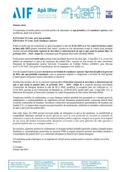 tarife apa canal ilfov 1 iunie 2025